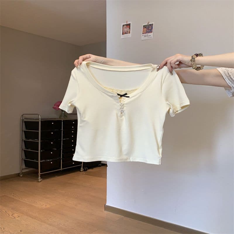 긍정적 인 어깨 몸매 가꾸기 페이크 레이어드 반팔 티셔츠 여성 여름 작은 대중 디자인 센스 핫걸 쇼트 스타일 Chic 아름다운 작은 맨위 상세 이미지 7