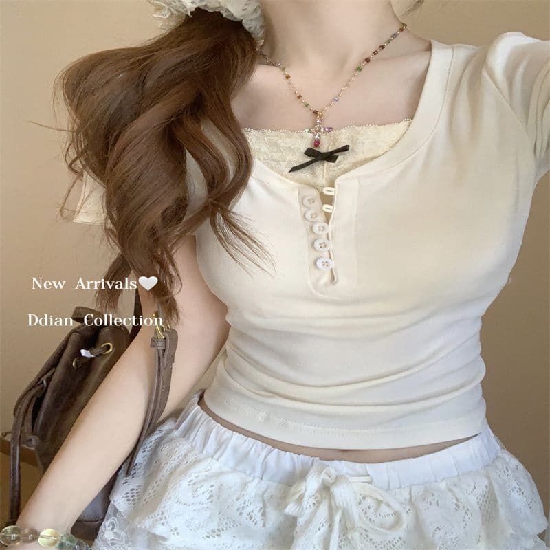 긍정적 인 어깨 몸매 가꾸기 페이크 레이어드 반팔 티셔츠 여성 여름 작은 대중 디자인 센스 핫걸 쇼트 스타일 Chic 아름다운 작은 맨위 상세 이미지 9