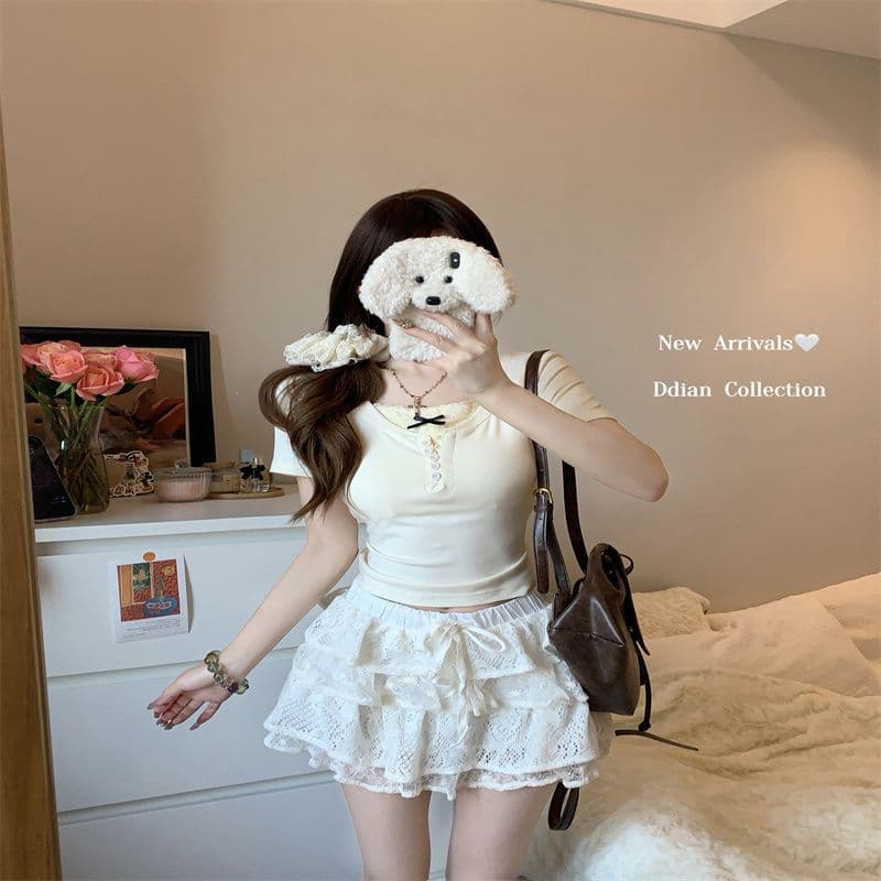 긍정적 인 어깨 몸매 가꾸기 페이크 레이어드 반팔 티셔츠 여성 여름 작은 대중 디자인 센스 핫걸 쇼트 스타일 Chic 아름다운 작은 맨위 상세 이미지 13