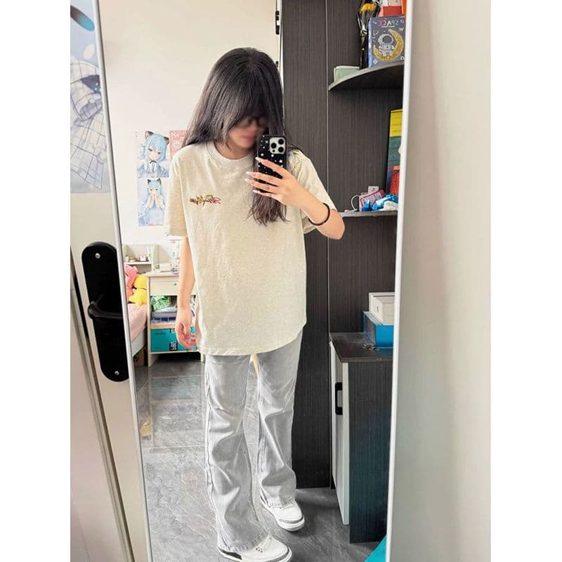 순면 220 그램 빗질하다 닫기 꽃무늬 알파벳 자수 반팔 티셔츠 여성 여름 루즈핏 커플 반소매 맨위 이미지 4