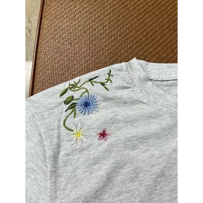 순면 220 그램 빗질하다 닫기 꽃무늬 알파벳 자수 반팔 티셔츠 여성 여름 루즈핏 커플 반소매 맨위 상세 이미지 6