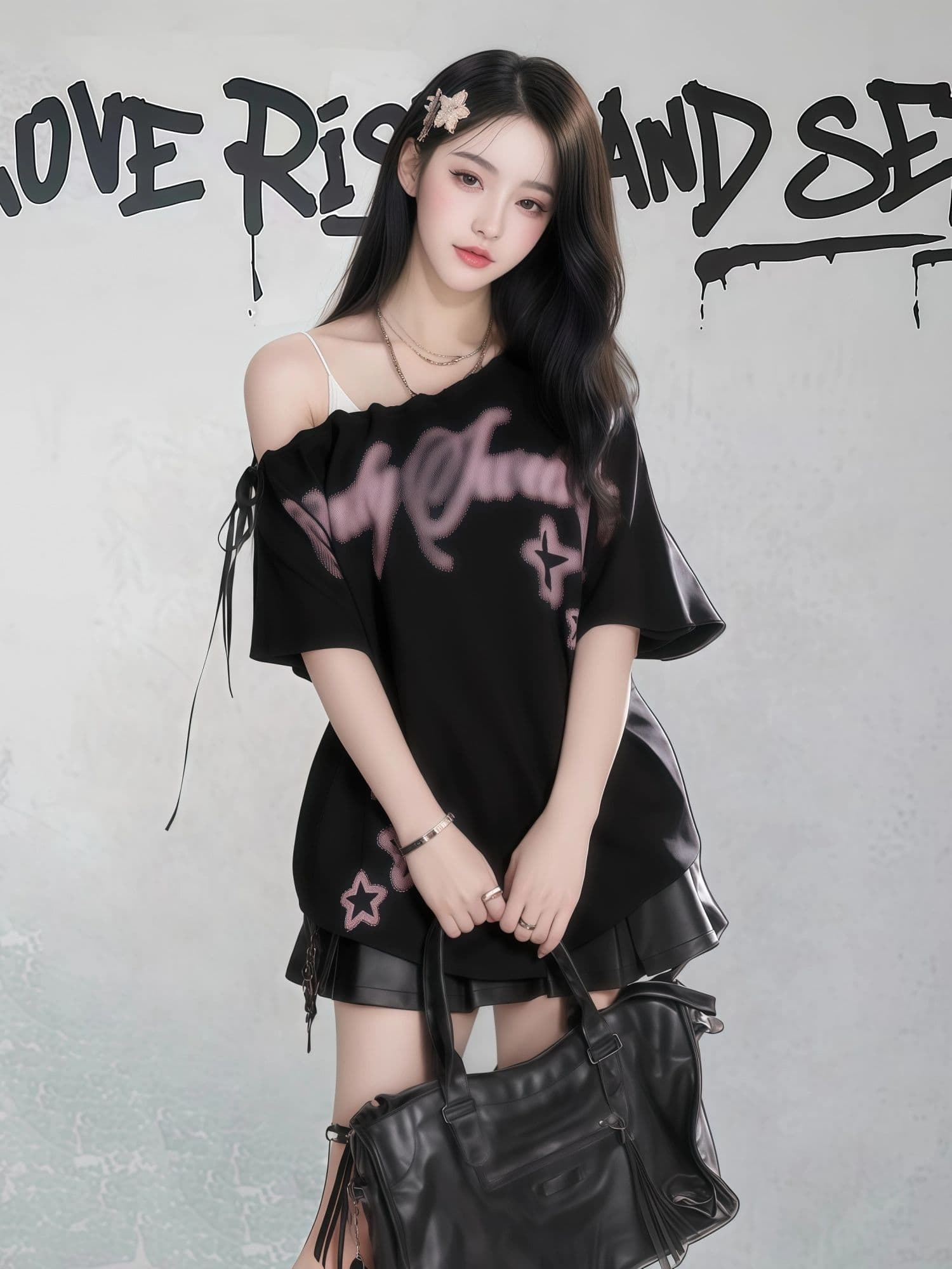 아메리칸 별 낙서 비스듬한 어깨 반팔 티셔츠 여성 여름 새로운 달콤한 차가운 스트랩 오프숄더 루즈핏 y2k 핫걸 맨위 상세 이미지 2