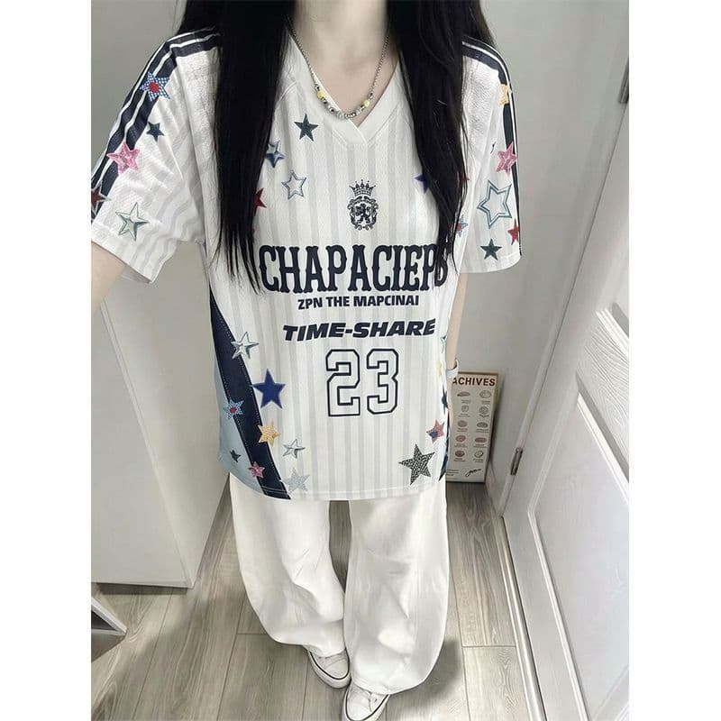 원본 원단 원본 솜씨 리브 네클라인 이후 테두리 프린트 저지 V넥 반팔 여성 진짜