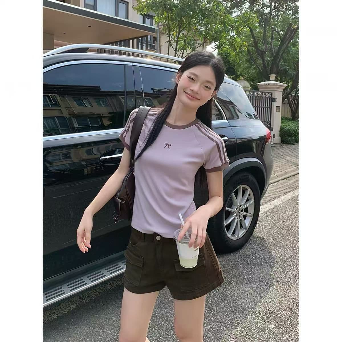92 면 8 암모니아 Lun 긍정적 인 어깨 반팔 티셔츠 여성 여름 새로운 나비 매듭 몸매 가꾸기 쇼트 스타일 맨위 상세 이미지 3
