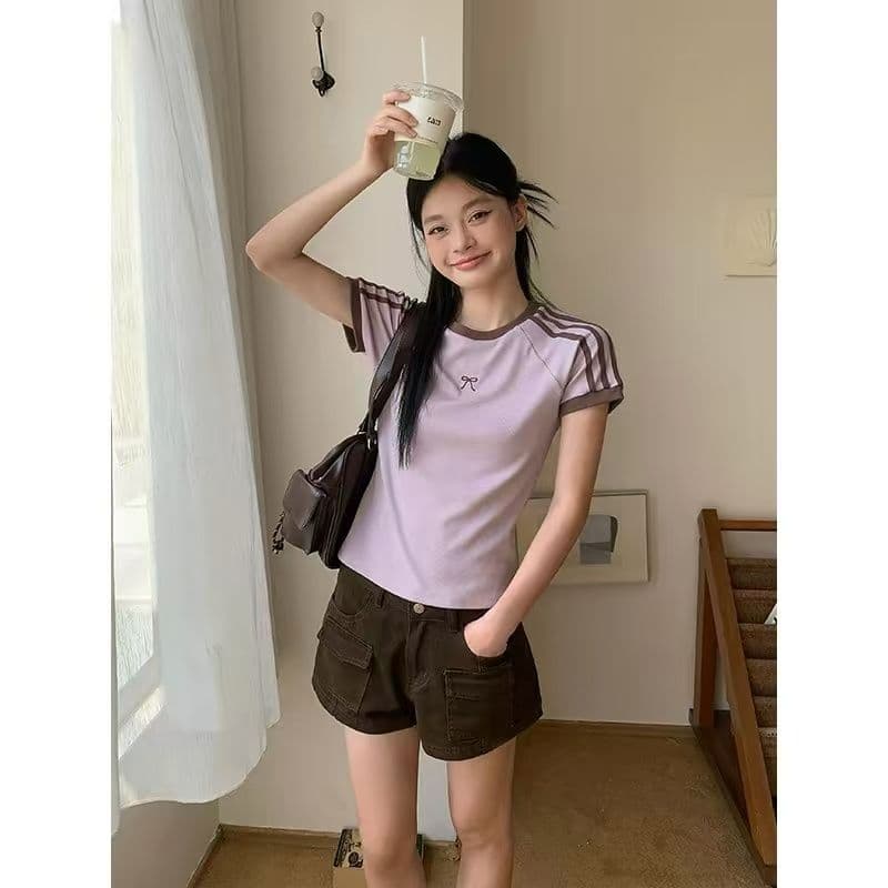 92 면 8 암모니아 Lun 긍정적 인 어깨 반팔 티셔츠 여성 여름 새로운 나비 매듭 몸매 가꾸기 쇼트 스타일 맨위 상세 이미지 7