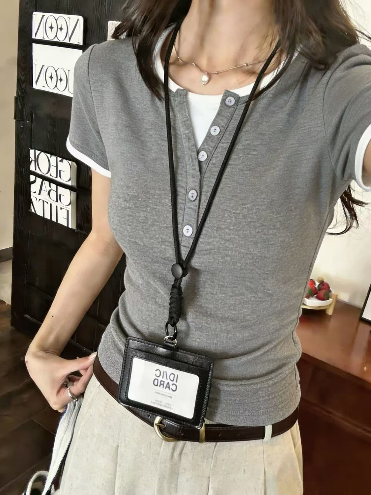 92 면 8 암모니아 Lun 회색 페이크 레이어드 V넥 반팔 티셔츠 여성 여름 헨리 칼라 동정 맨위 상세 이미지 6