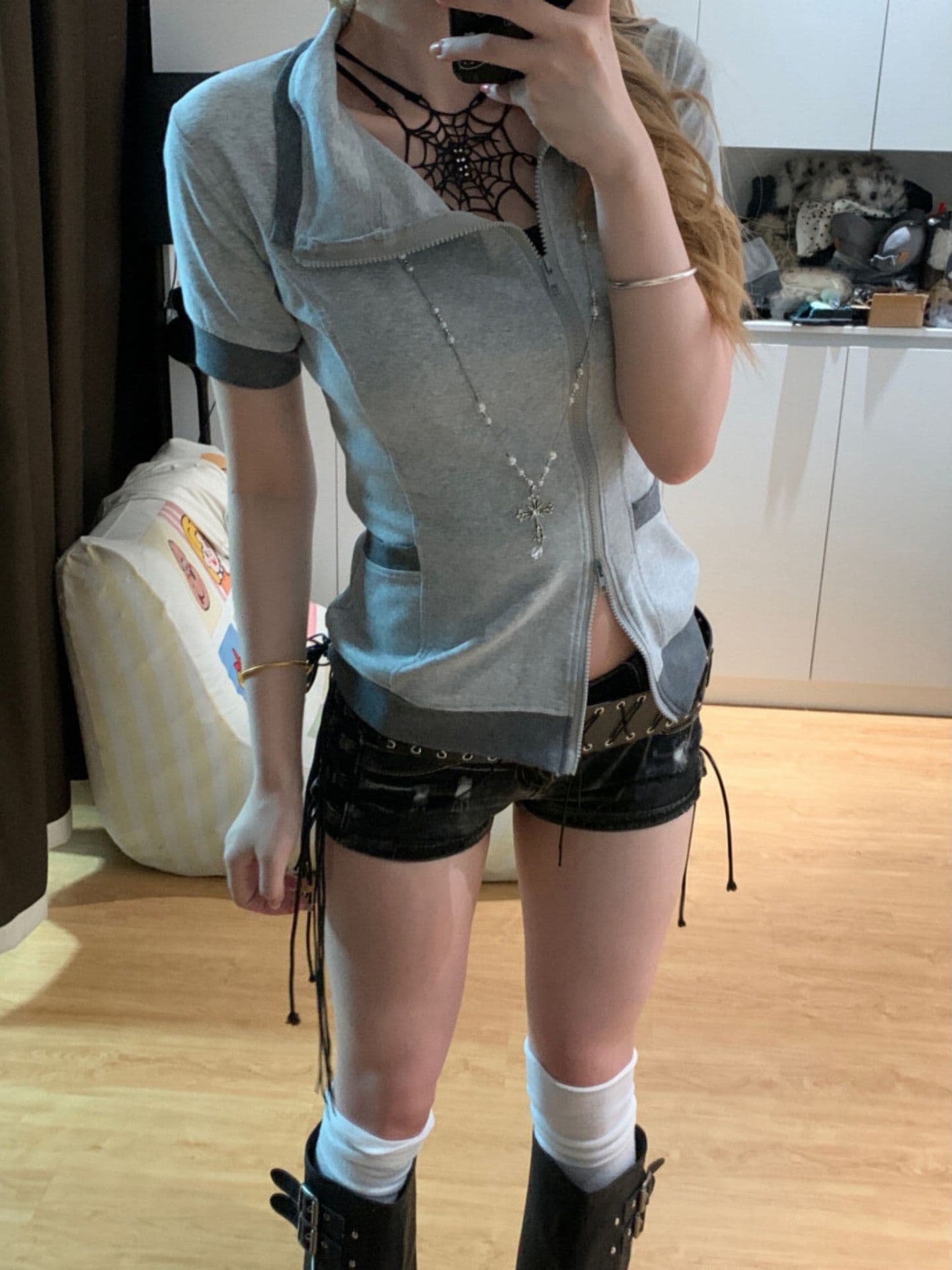 210 그램 40 좋은 면 폴로 칼라 배색 티셔츠 양방향 지퍼 디자인 상세 이미지 3
