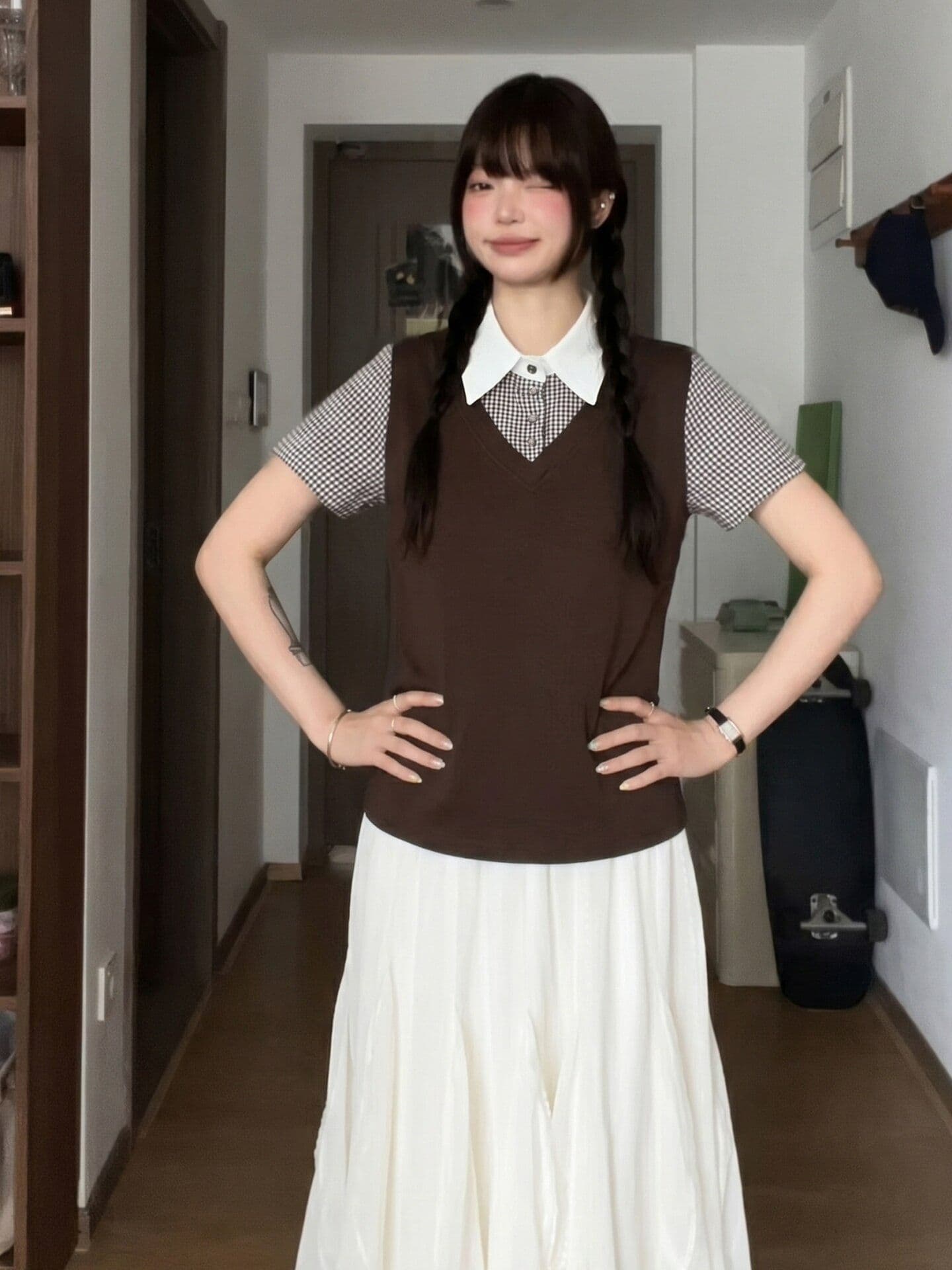 210 그램 40 좋은 면 긍정적 인 어깨 티셔츠 일반 몸매 가꾸기 페이크 레이어드 체크무늬 반팔 상세 이미지 1