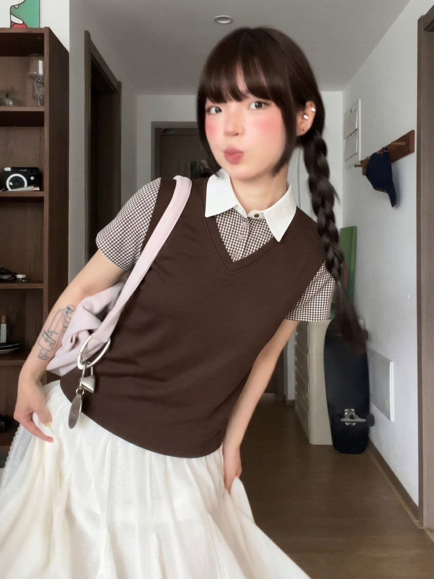 210 그램 40 좋은 면 긍정적 인 어깨 티셔츠 일반 몸매 가꾸기 페이크 레이어드 체크무늬 반팔 상세 이미지 2