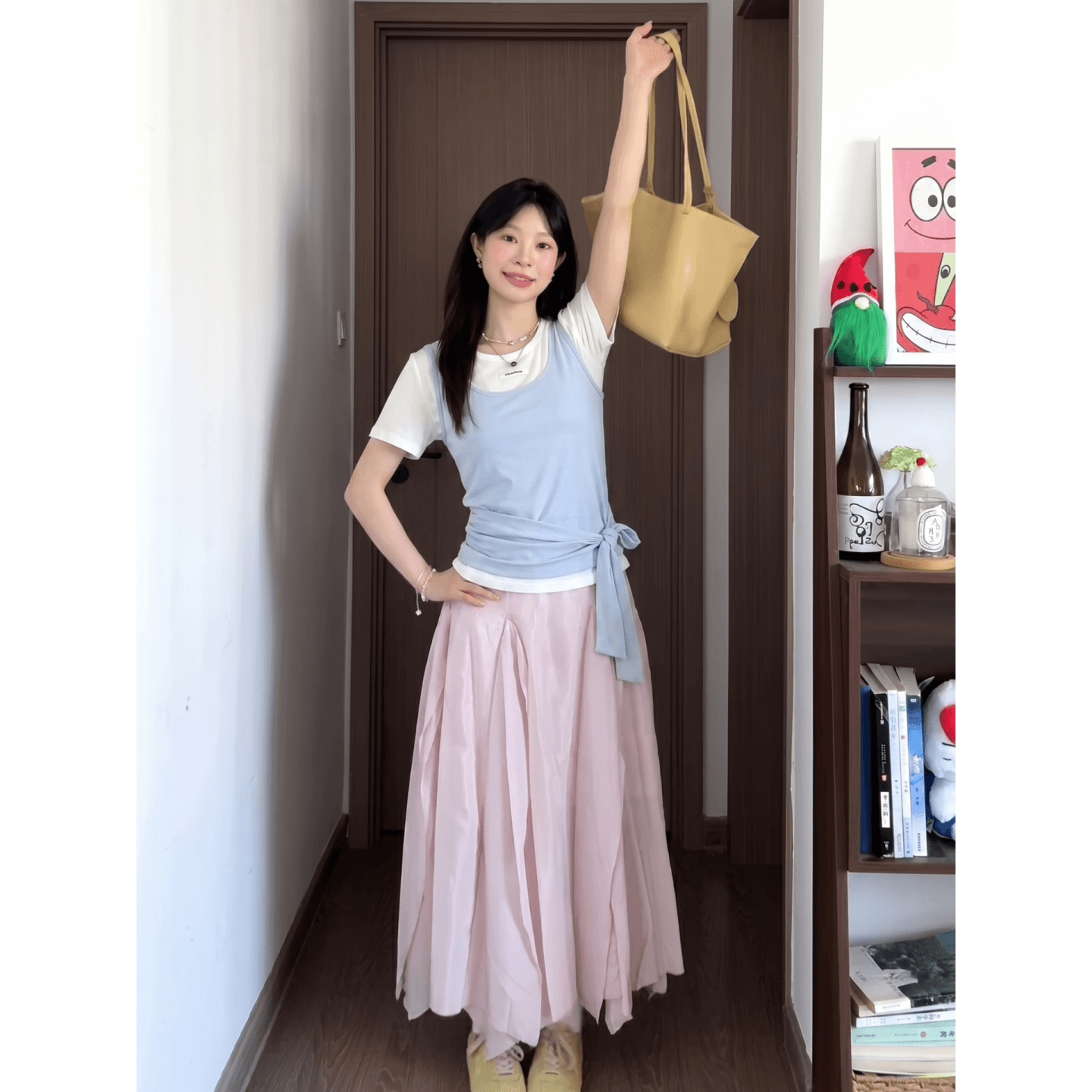 220 그램 1 1 라이 경기 서울 긍정적 인 어깨 티셔츠 스트랩 허리 수축 페이크 레이어드 상세 이미지 3