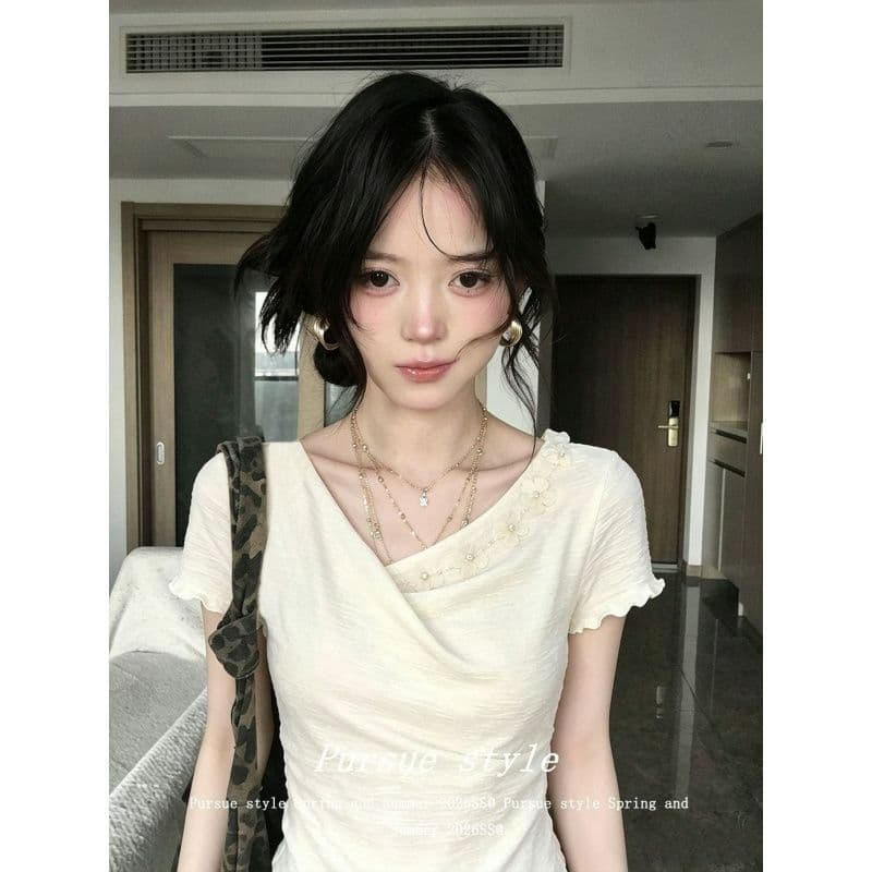 부드러운 살구 남자 럭셔리 프랑스식 작은 대중 품격 티셔츠 여성 여름 디자인 센스 프릴 반팔 몸매 가꾸기 맨위 트렌디