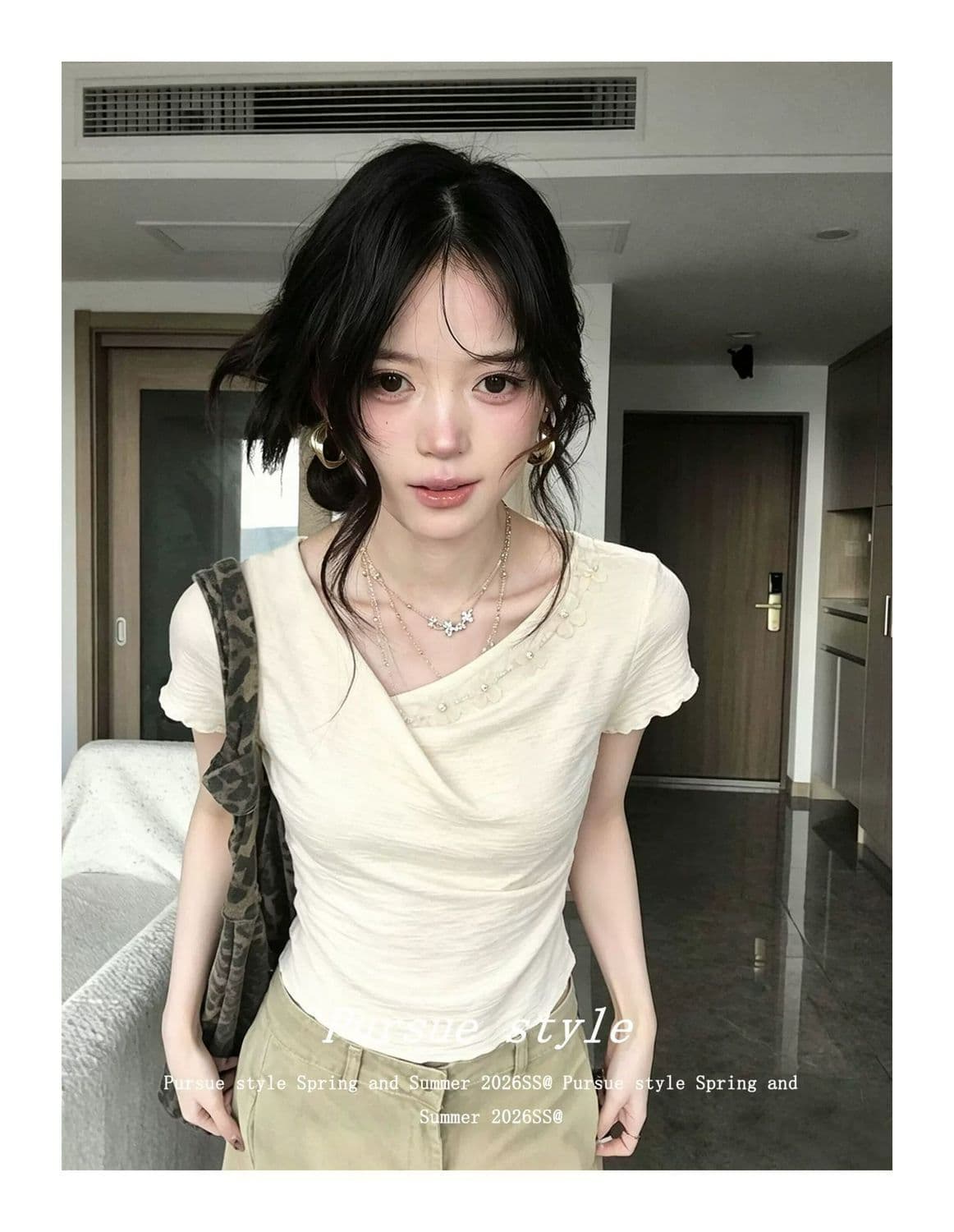 부드러운 살구 남자 럭셔리 프랑스식 작은 대중 품격 티셔츠 여성 여름 디자인 센스 프릴 반팔 몸매 가꾸기 맨위 트렌디 상세 이미지 2