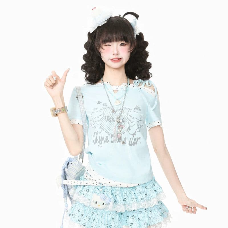 40 1 1 오스트리아 세대 서울 면 210 그램 프린트 패치워크 페이크 레이어드 V넥 오프숄더 스트랩 반팔 티셔츠 여성 셔츠 이미지 4