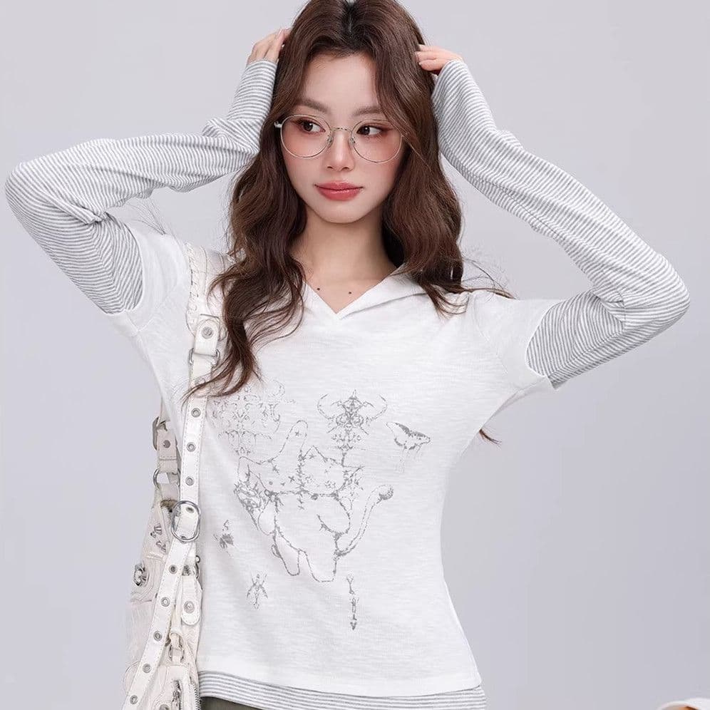 40 1 1 순면 210 그램 후드 이후 패키지 칼라 만화 프린트 페이크 레이어드 스트라이프 긴팔 티셔츠 여성 기본 셔츠 이미지 2