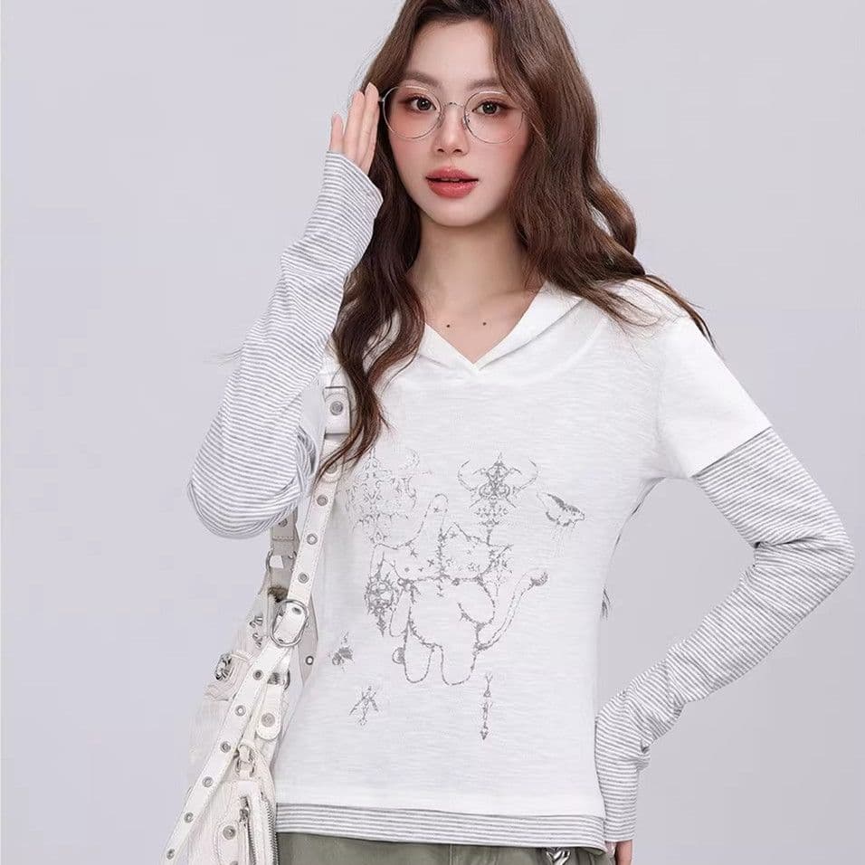 40 1 1 순면 210 그램 후드 이후 패키지 칼라 만화 프린트 페이크 레이어드 스트라이프 긴팔 티셔츠 여성 기본 셔츠