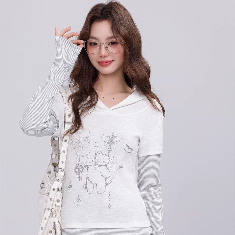 40 1 1 순면 210 그램 후드 이후 패키지 칼라 만화 프린트 페이크 레이어드 스트라이프 긴팔 티셔츠 여성 기본 셔츠 이미지 3