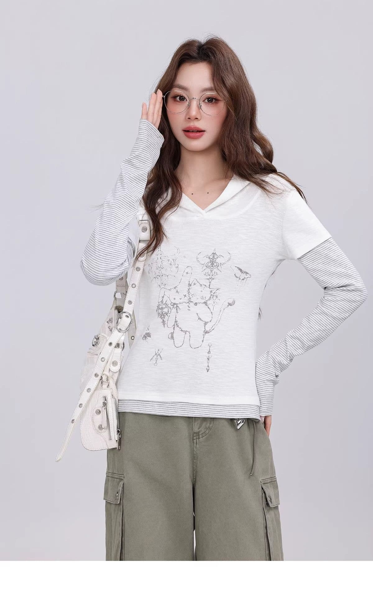 40 1 1 순면 210 그램 후드 이후 패키지 칼라 만화 프린트 페이크 레이어드 스트라이프 긴팔 티셔츠 여성 기본 셔츠 상세 이미지 7