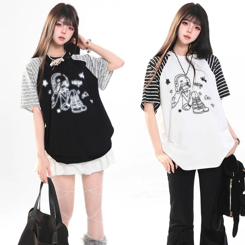 40 더블 실 230 크 반사 프린트 별 스트라이프 삽입 어깨 소매 반팔 티셔츠 여성 여름