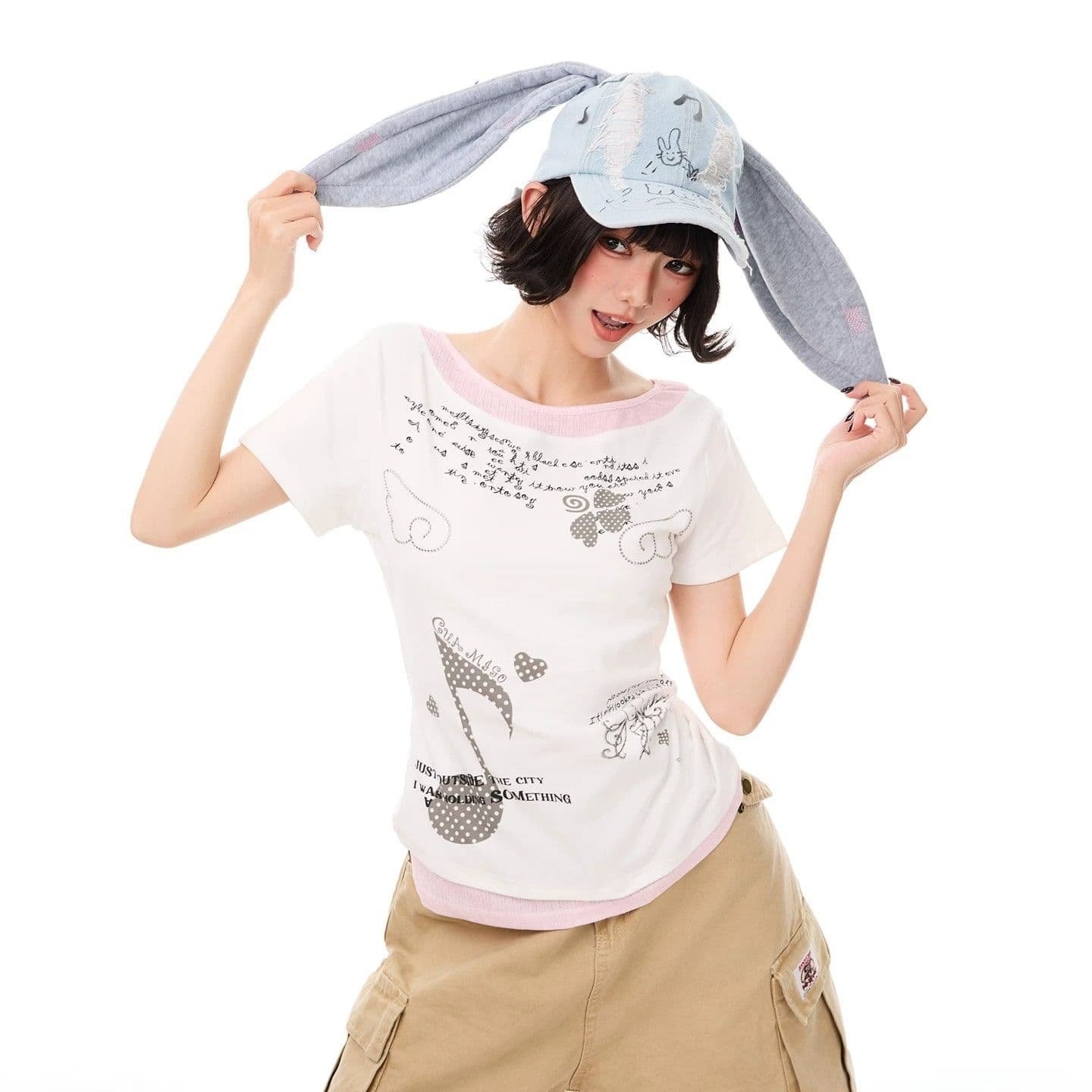 40 순면 210 그램 프린트 반팔 패치워크 도트 무늬 천 페이크 레이어드 티셔츠 여성 허리 수축 슬림해 보이는 이미지 4