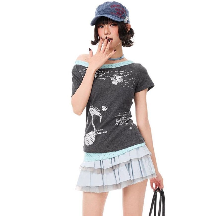 40 순면 210 그램 프린트 반팔 패치워크 도트 무늬 천 페이크 레이어드 티셔츠 여성 허리 수축 슬림해 보이는 이미지 5