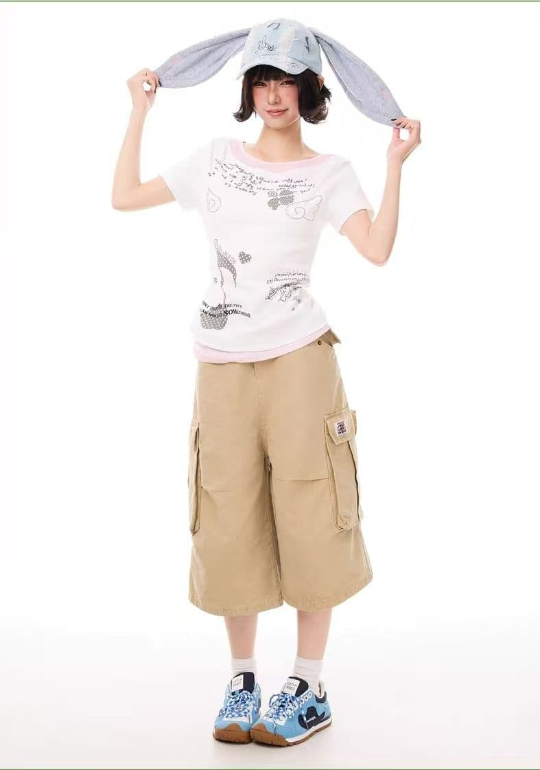 40 순면 210 그램 프린트 반팔 패치워크 도트 무늬 천 페이크 레이어드 티셔츠 여성 허리 수축 슬림해 보이는 상세 이미지 1