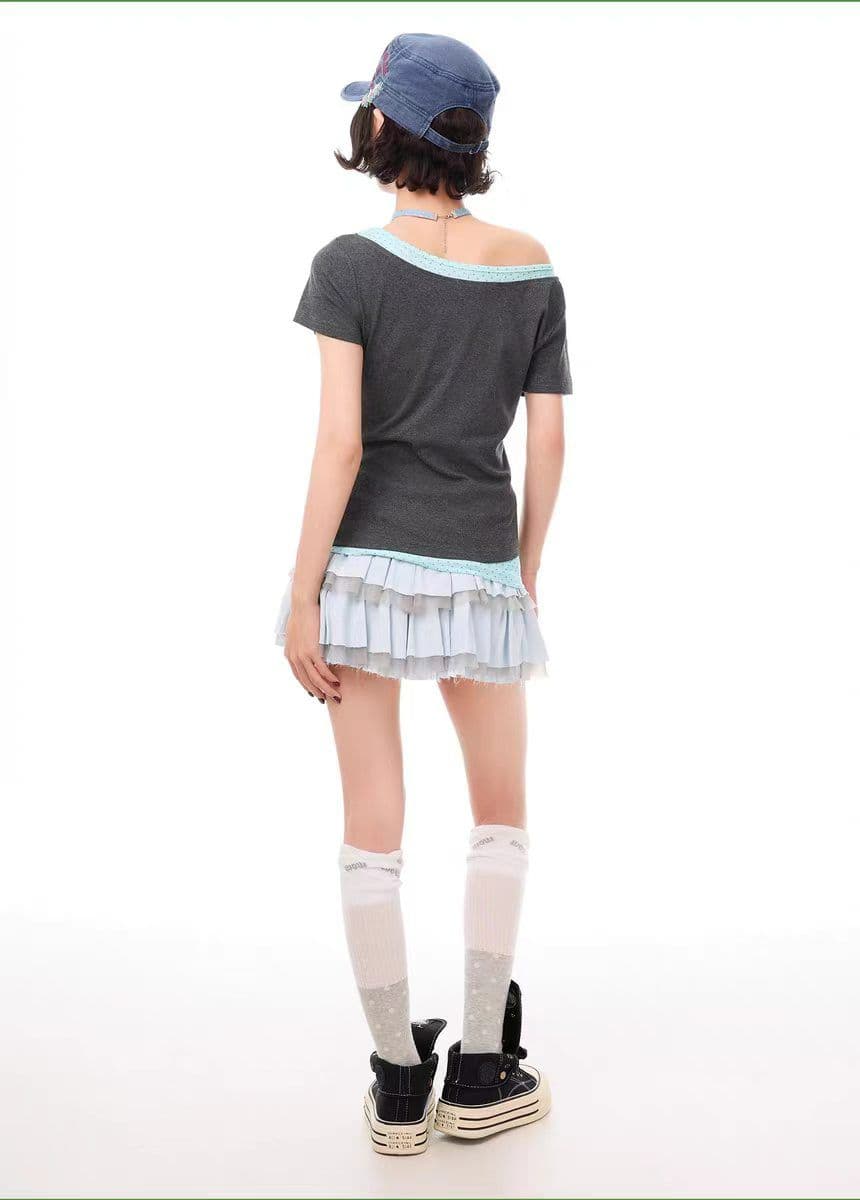 40 순면 210 그램 프린트 반팔 패치워크 도트 무늬 천 페이크 레이어드 티셔츠 여성 허리 수축 슬림해 보이는 상세 이미지 8