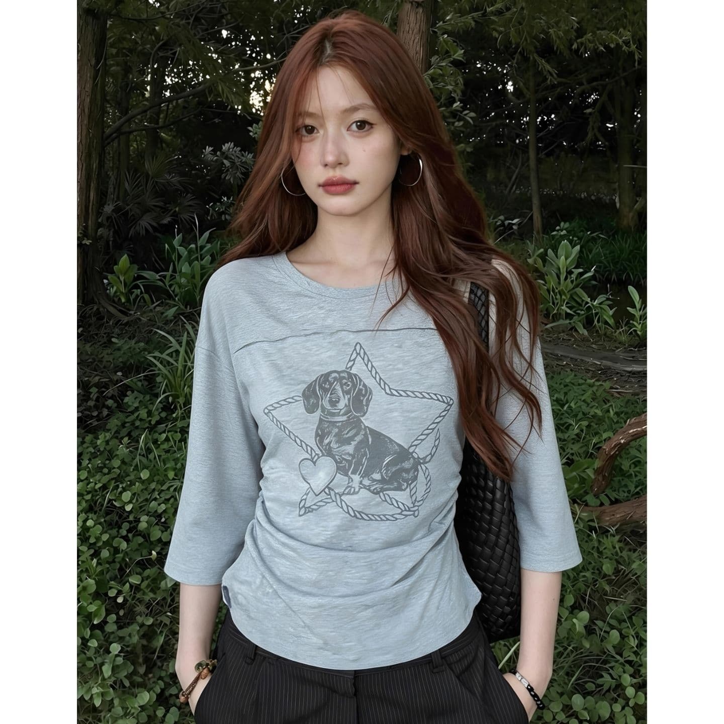 광저우 원단 대나무 마디 면 디지털 직분사 양면 펌프 Pleat 닥스 훈트 여름 얇은 스타일 마이크로 ~을 통해 7부 소매 트렌디 이미지 3