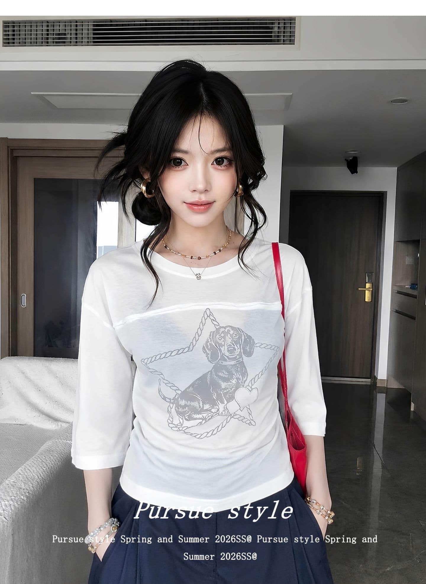 광저우 원단 대나무 마디 면 디지털 직분사 양면 펌프 Pleat 닥스 훈트 여름 얇은 스타일 마이크로 ~을 통해 7부 소매 트렌디 상세 이미지 6