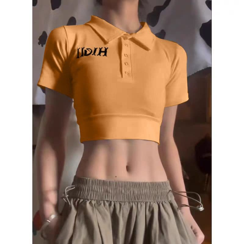 40 카운터 면 리브 아메리칸 POLO 칼라 반팔 긍정적 인 어깨 티셔츠 여성 몸매 가꾸기 슬림해 보이는 쇼트 스타일 핫걸 맨위