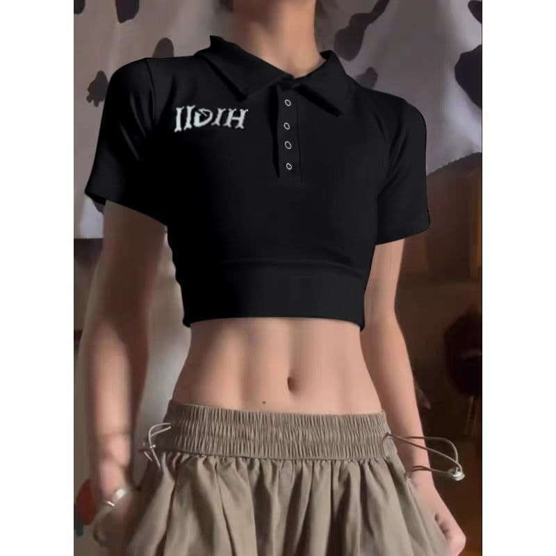 40 카운터 면 리브 아메리칸 POLO 칼라 반팔 긍정적 인 어깨 티셔츠 여성 몸매 가꾸기 슬림해 보이는 쇼트 스타일 핫걸 맨위 이미지 2