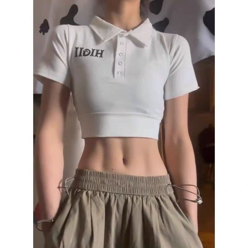 40 카운터 면 리브 아메리칸 POLO 칼라 반팔 긍정적 인 어깨 티셔츠 여성 몸매 가꾸기 슬림해 보이는 쇼트 스타일 핫걸 맨위 상세 이미지 3