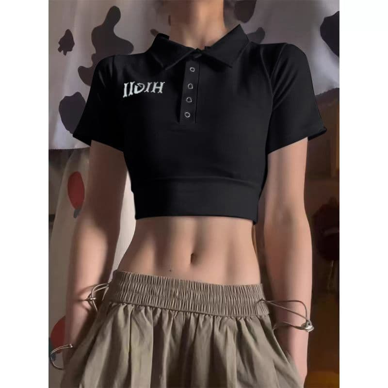 40 카운터 면 리브 아메리칸 POLO 칼라 반팔 긍정적 인 어깨 티셔츠 여성 몸매 가꾸기 슬림해 보이는 쇼트 스타일 핫걸 맨위 상세 이미지 7