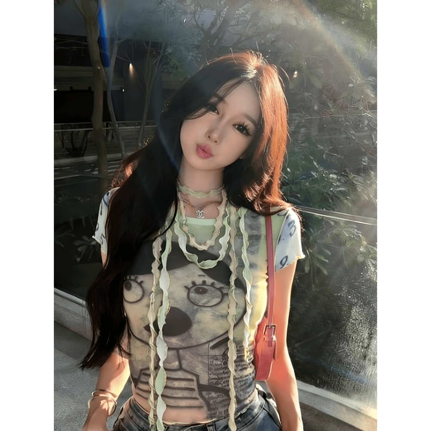 높은 품질 한국 넷 여름 새로운 작은 대중 달콤한 차가운 핫걸 프린트 트렌드 튀김 거리 반팔 티셔츠 여성 이미지 2