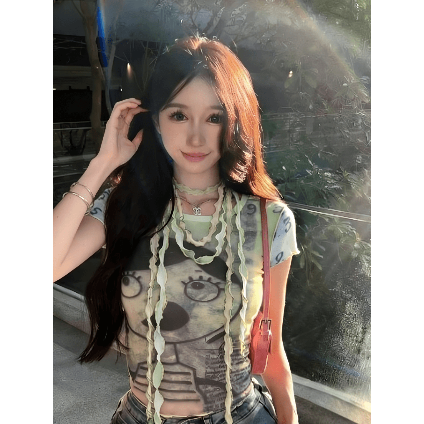 높은 품질 한국 넷 여름 새로운 작은 대중 달콤한 차가운 핫걸 프린트 트렌드 튀김 거리 반팔 티셔츠 여성 이미지 5