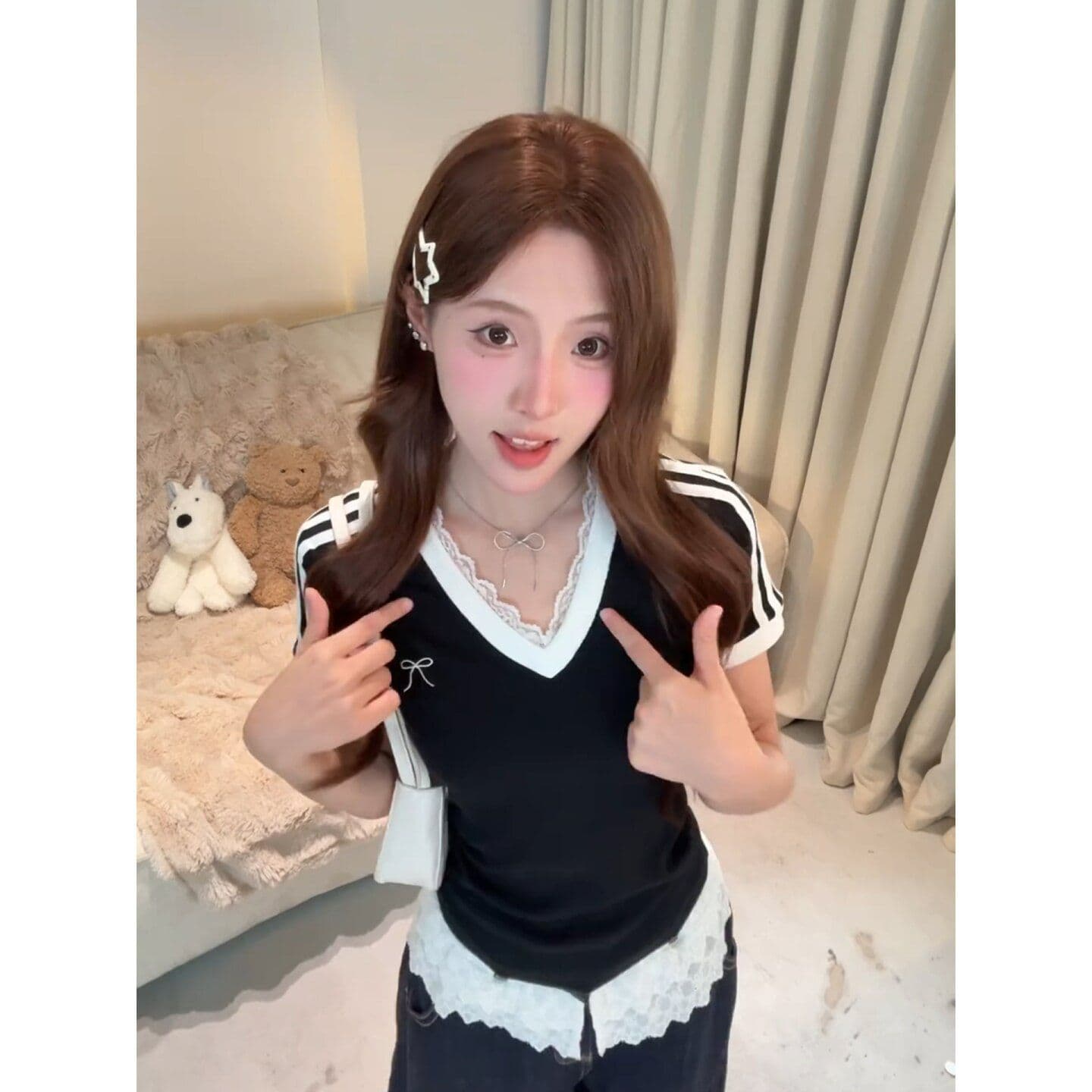 220 그램 1 1 훌륭함 면 반팔 티셔츠 레이스 V넥 스트라이프 패치워크 레이스 밑단 이미지 3