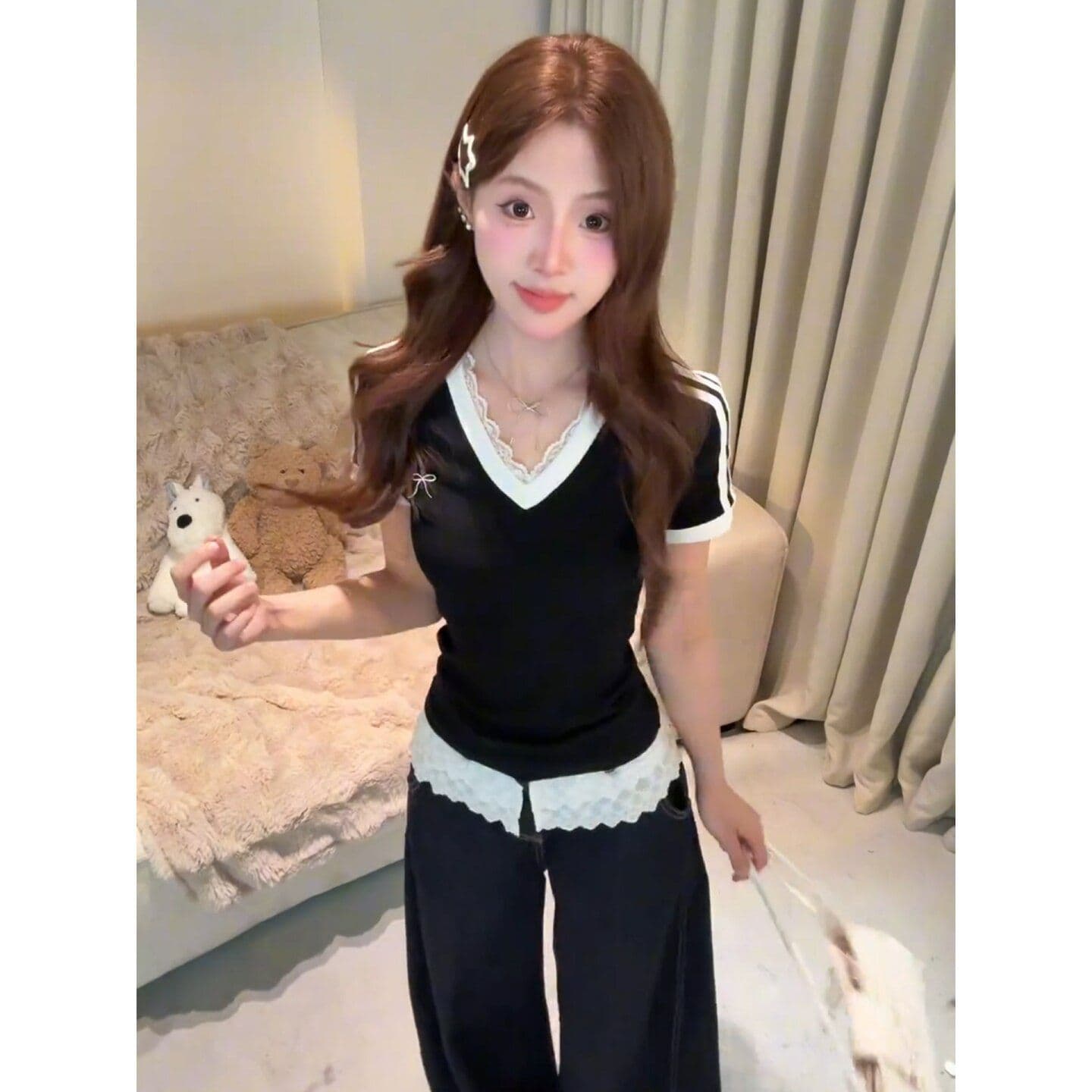 220 그램 1 1 훌륭함 면 반팔 티셔츠 레이스 V넥 스트라이프 패치워크 레이스 밑단 이미지 2