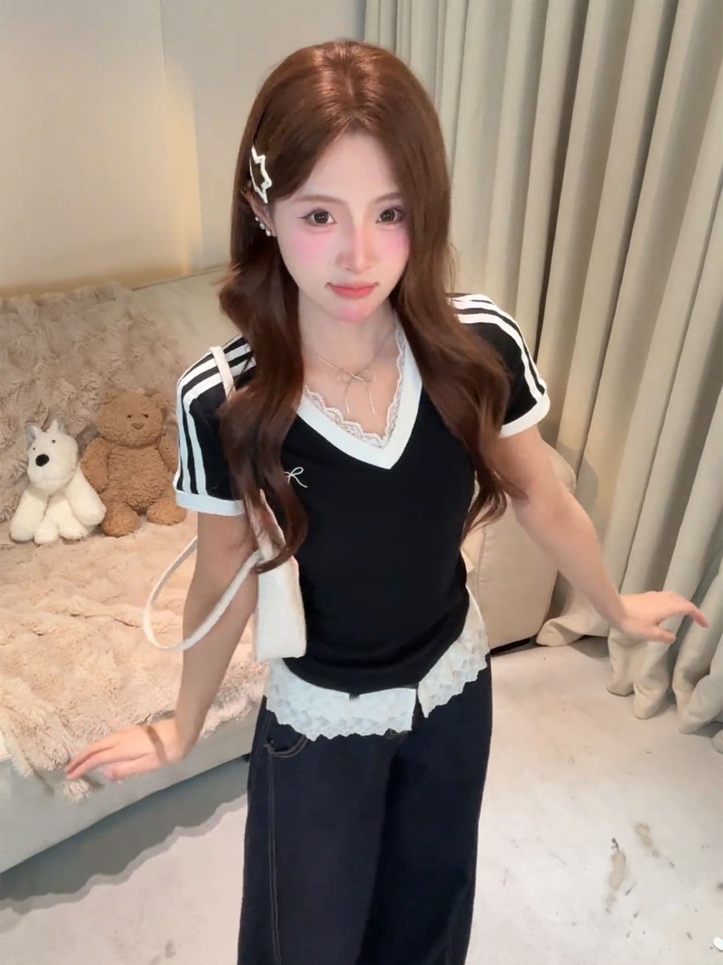 220 그램 1 1 훌륭함 면 반팔 티셔츠 레이스 V넥 스트라이프 패치워크 레이스 밑단 상세 이미지 1
