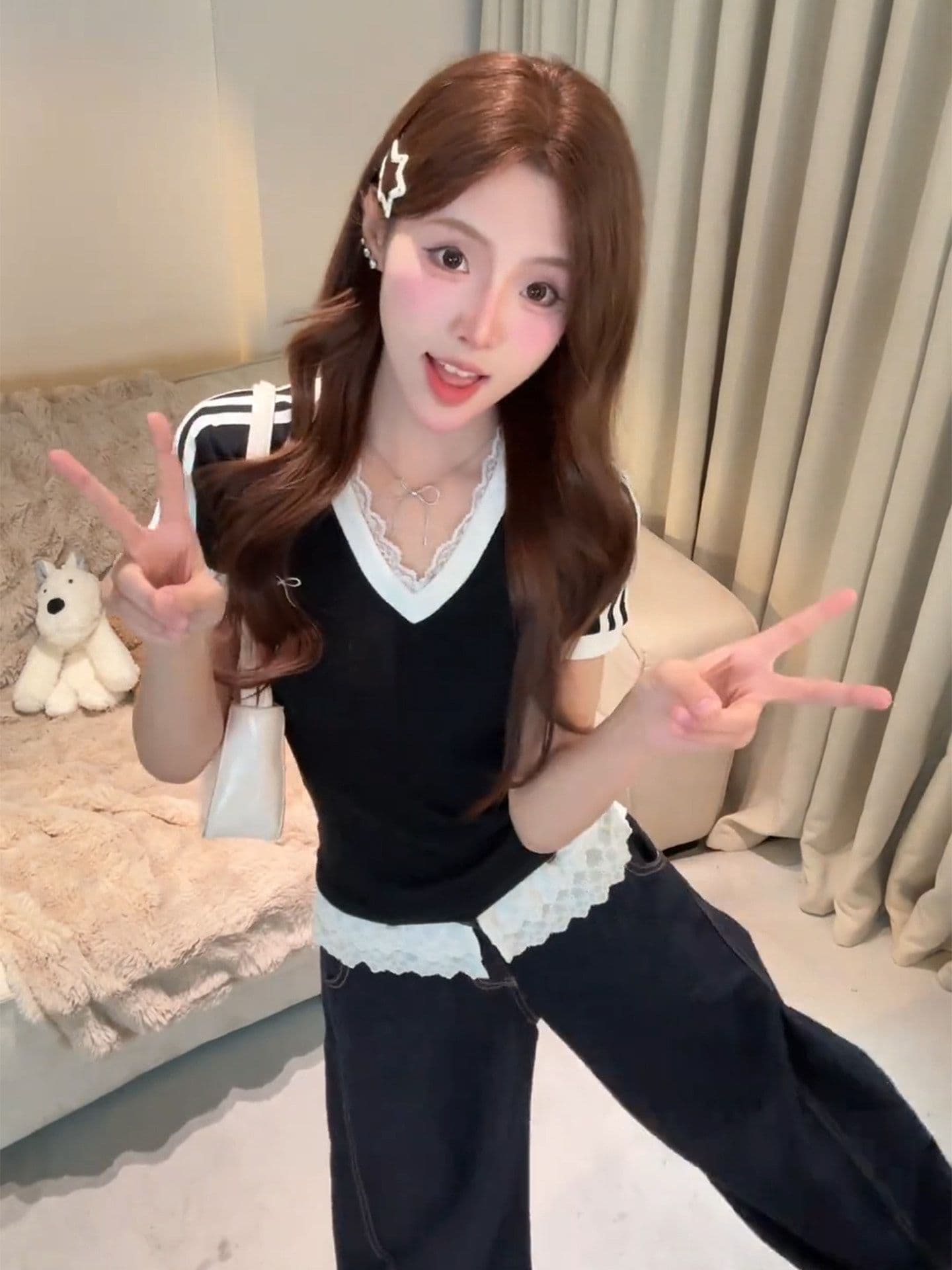 220 그램 1 1 훌륭함 면 반팔 티셔츠 레이스 V넥 스트라이프 패치워크 레이스 밑단 상세 이미지 3
