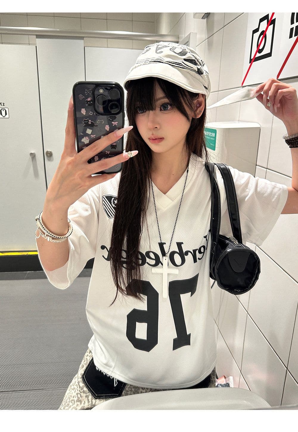 이후 패키지 칼라 보안 버클 원단 단일 구멍 얼굴 버드 눈 아메리칸 반팔 레트로 디자인 센스 저지 루즈핏 알파벳 t 상세 이미지 7
