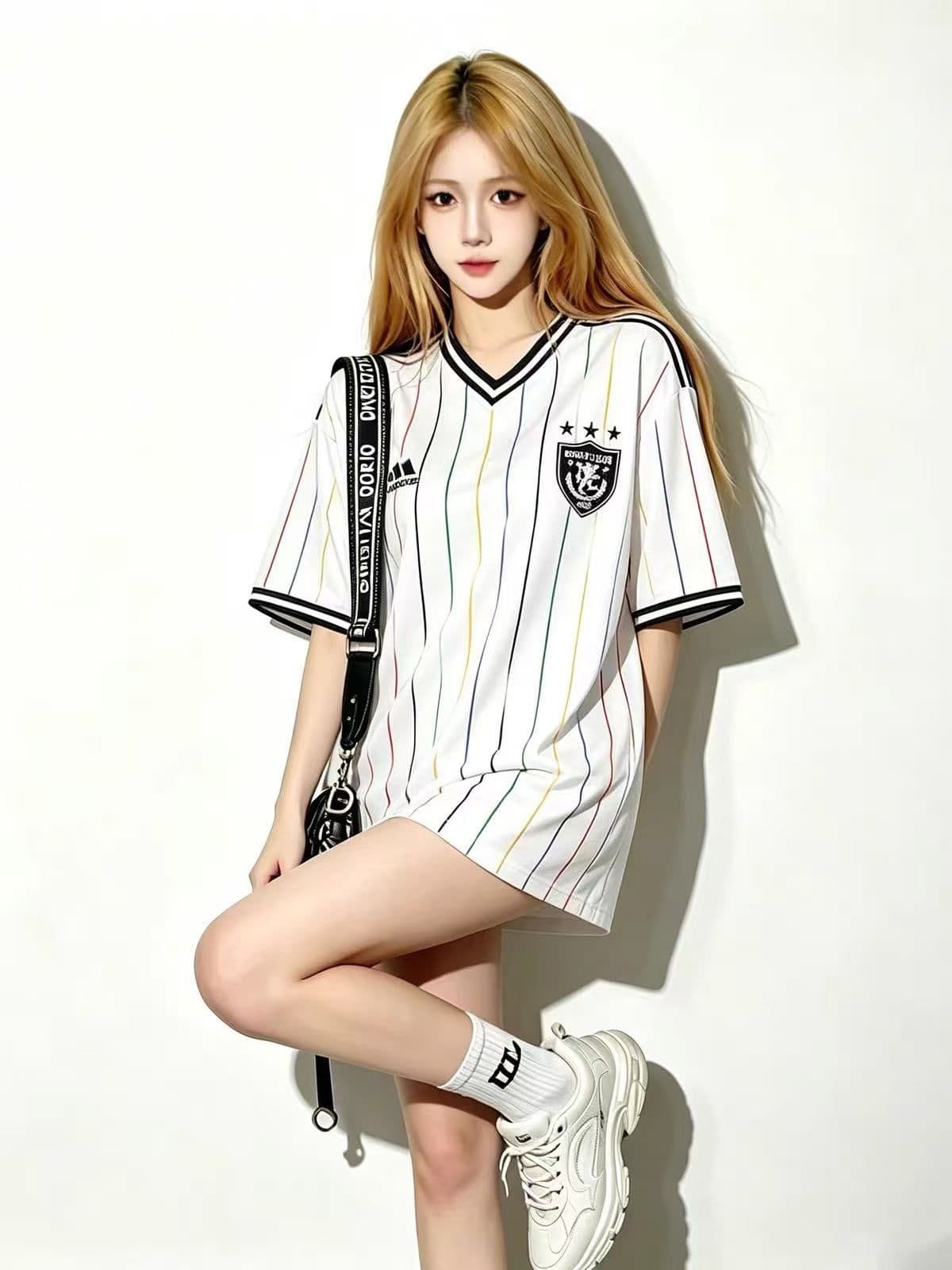 원본 원단 원본 솜씨 아메리칸 레트로 거리 세로 줄무늬 프린트 V넥 반팔 티셔츠 남녀 저지 트렌디 여름 상세 이미지 12