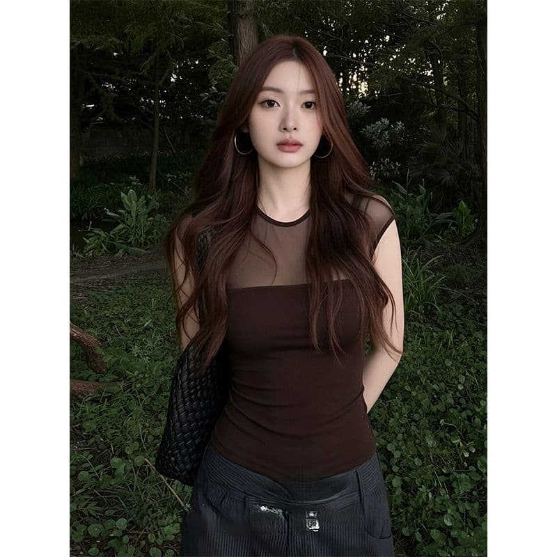 모달 면 반팔 티셔츠 여성 여름 커피 색상 동정 몸매 가꾸기 슬림해 보이는 캐주얼 핫걸 품격 맨위