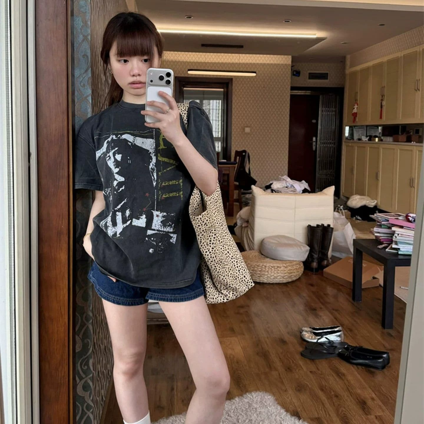 95 면 워싱 마 오래된 미니멀리즘 잘 생긴 출퇴근 바람 한국 스타일 루즈핏 스타일 프린트 반팔 티셔츠 여성 셔츠