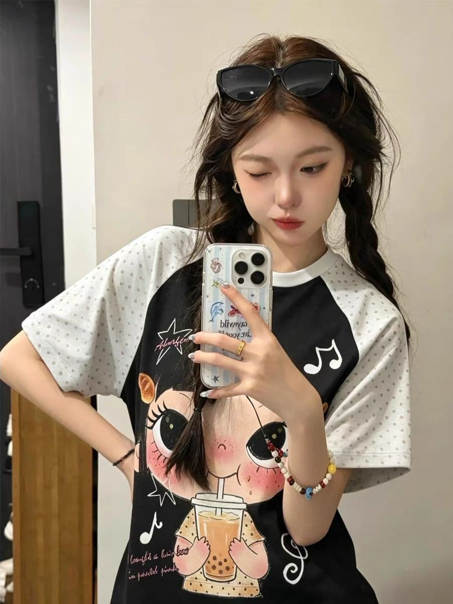 비 프린트 원본 스트레이트 스프레이 에디션 220 그램 92 면 8 암모니아 Lun 삽입 어깨 소매 반팔 이미지 3