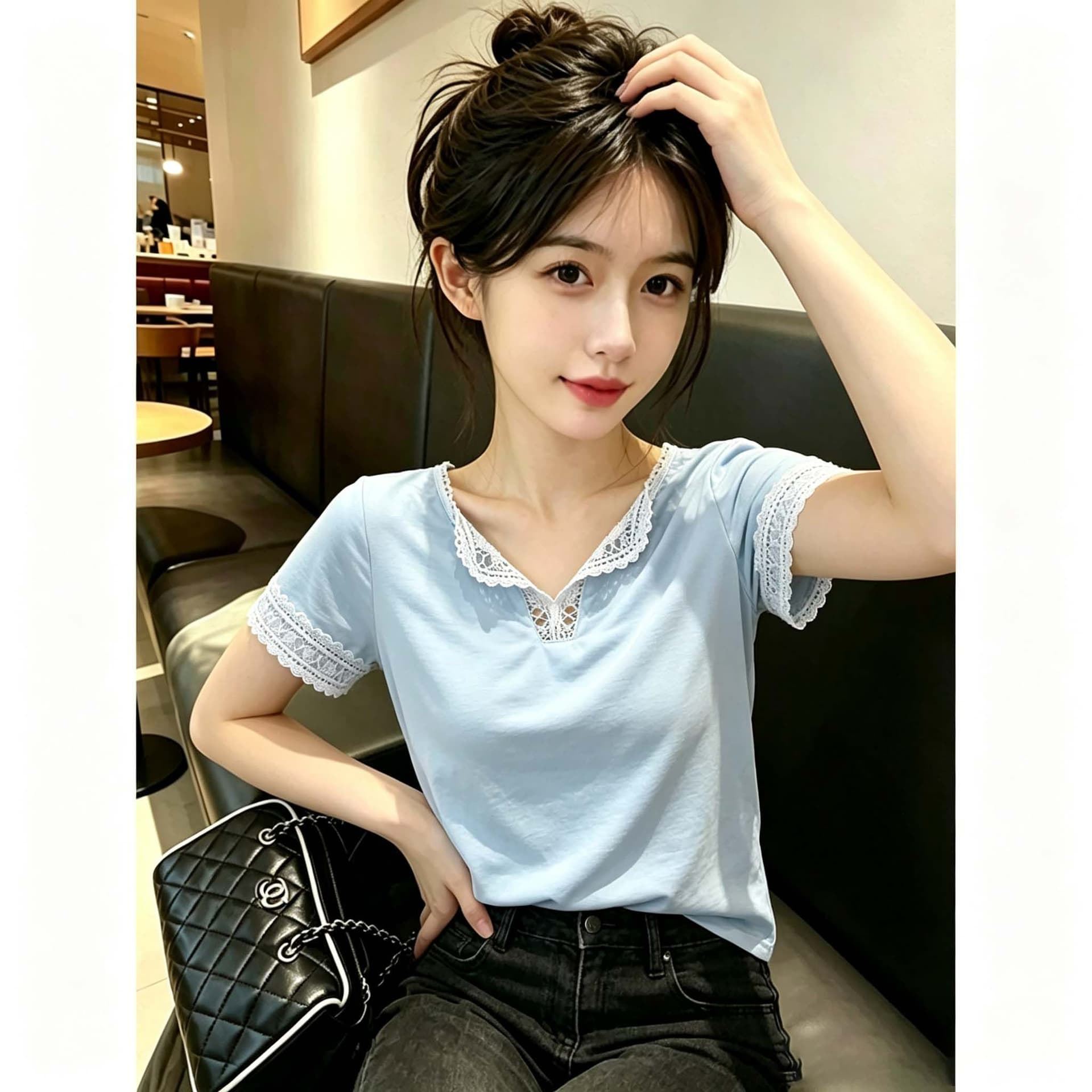 40s 모방 면 리브 한 부서 파란색 레이스 V넥 반팔 티셔츠 여성 아모이 레이스 조각 레이스 티셔츠 다용도 이미지 2