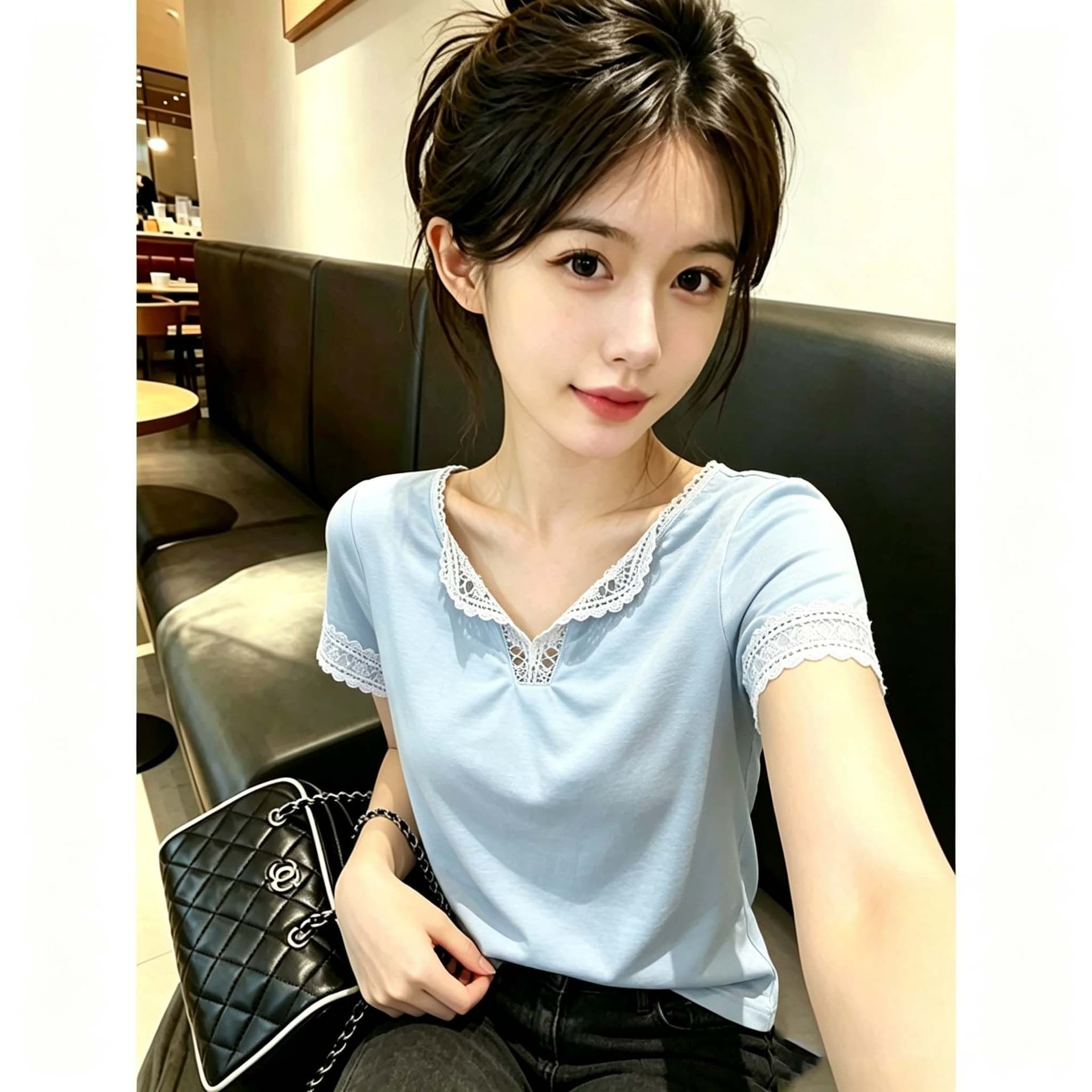 40s 모방 면 리브 한 부서 파란색 레이스 V넥 반팔 티셔츠 여성 아모이 레이스 조각 레이스 티셔츠 다용도