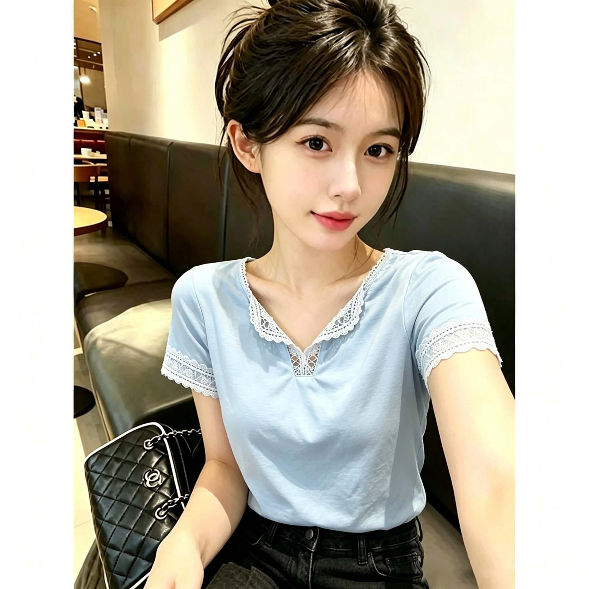 40s 모방 면 리브 한 부서 파란색 레이스 V넥 반팔 티셔츠 여성 아모이 레이스 조각 레이스 티셔츠 다용도 상세 이미지 1