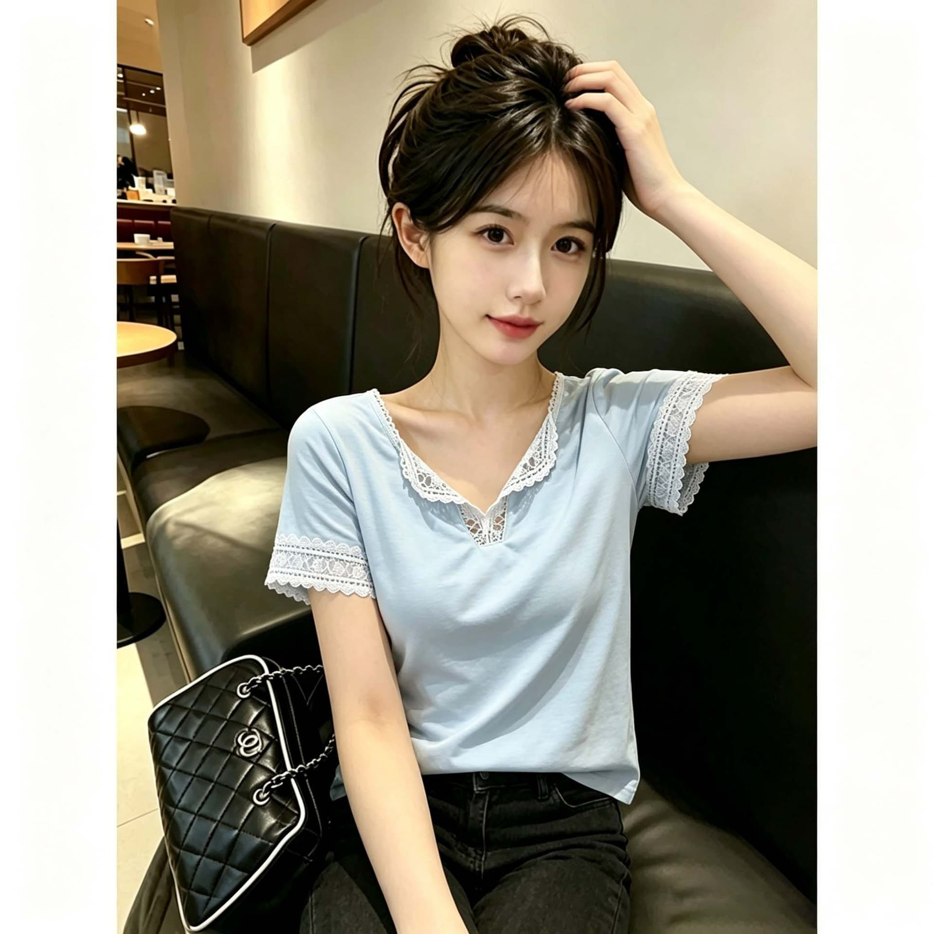 40s 모방 면 리브 한 부서 파란색 레이스 V넥 반팔 티셔츠 여성 아모이 레이스 조각 레이스 티셔츠 다용도 상세 이미지 4