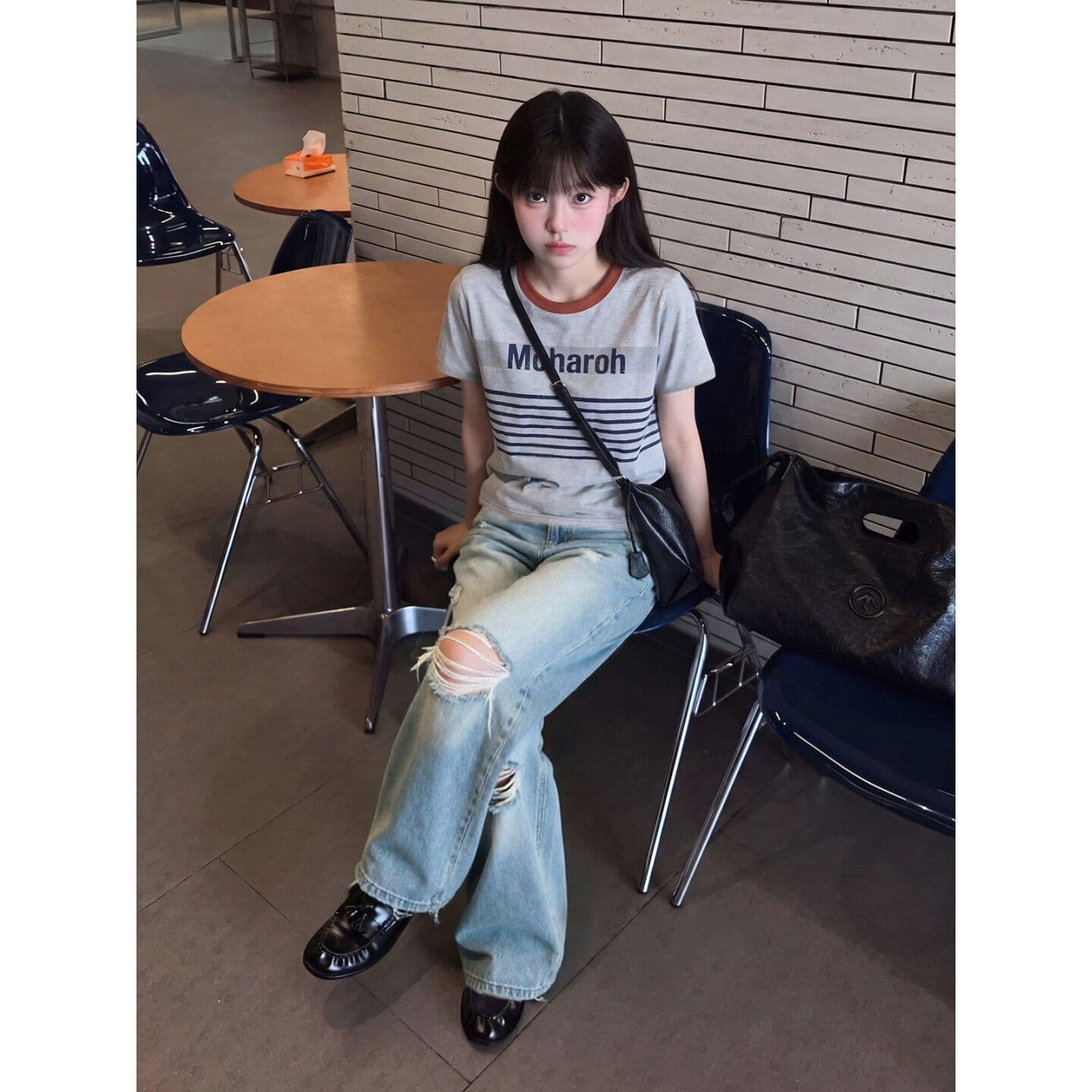 230 크 32 더블 실 긍정적 인 어깨 티셔츠 일반 루즈핏 라운드 넥 배색 반팔 이미지 5