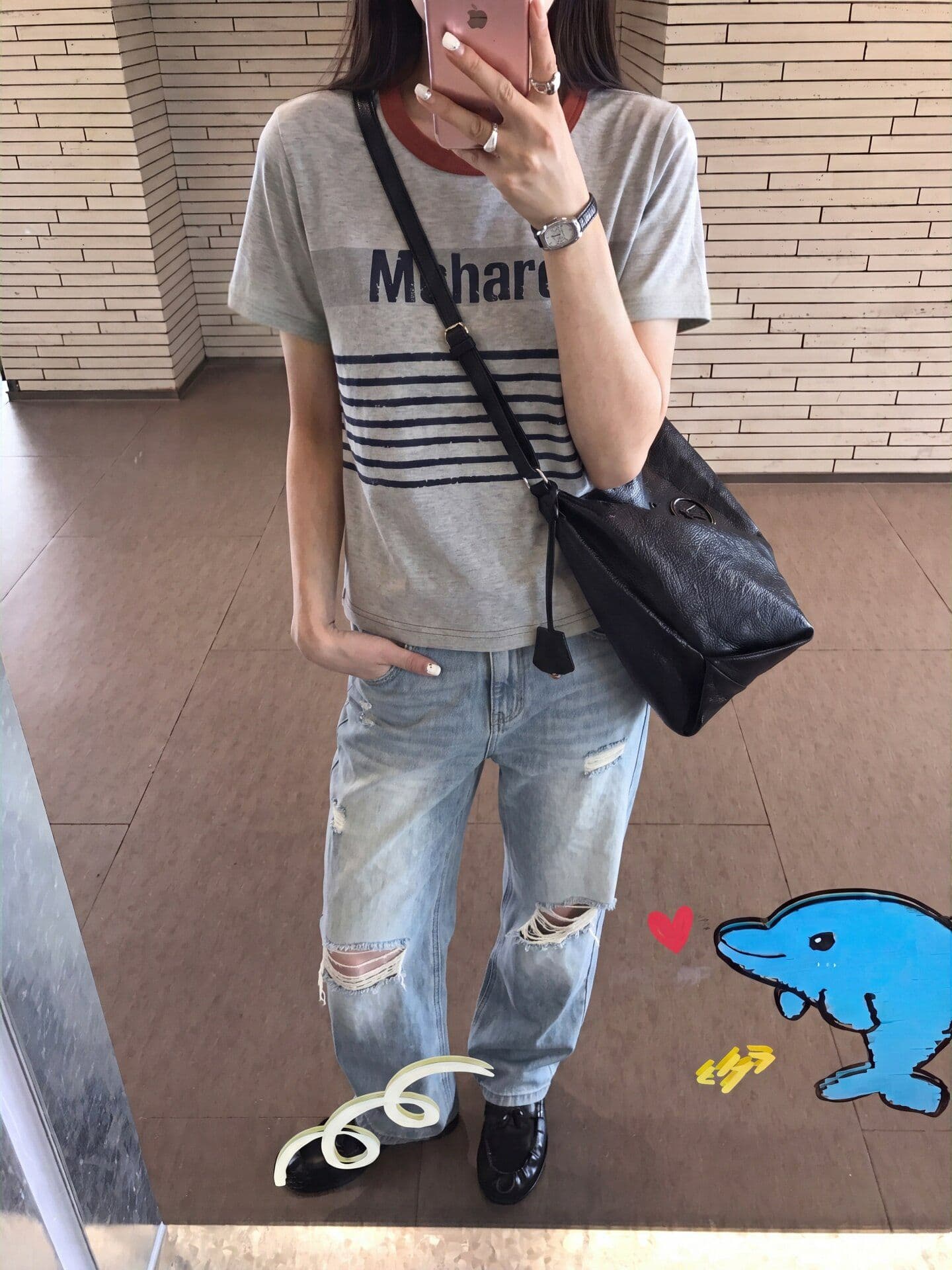 230 크 32 더블 실 긍정적 인 어깨 티셔츠 일반 루즈핏 라운드 넥 배색 반팔 상세 이미지 2