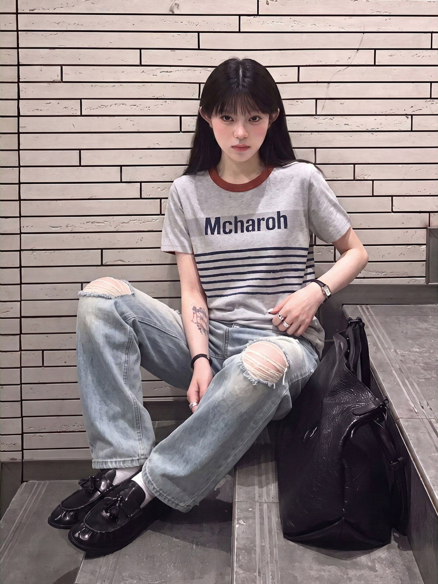 230 크 32 더블 실 긍정적 인 어깨 티셔츠 일반 루즈핏 라운드 넥 배색 반팔 상세 이미지 3